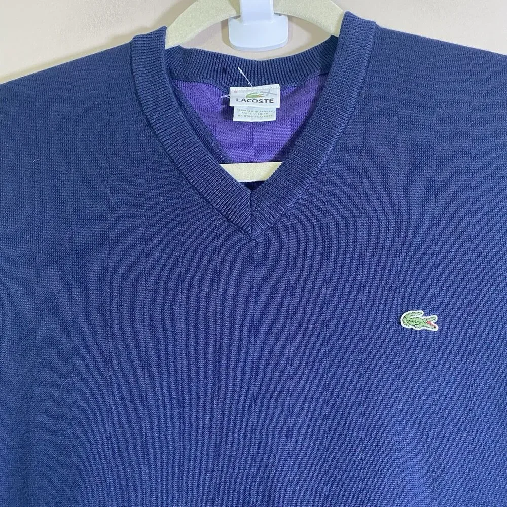Lacoste Cotton Knit Sweater Vest Navy V-Neck Sleeveless Men’s Size 6 XL - Picture 2 of 10